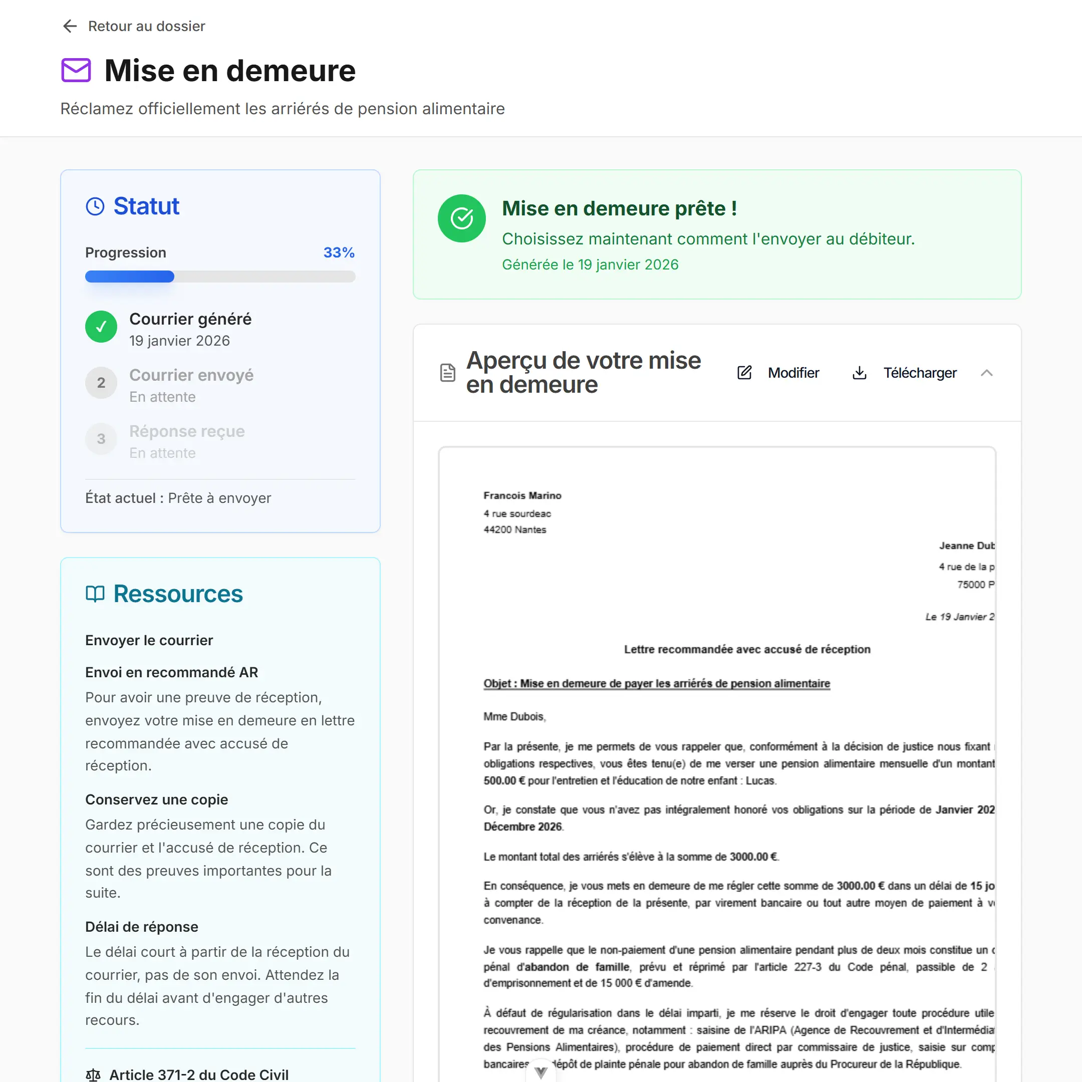 Capture d'écran Famileasy - Pension alimentaire impayée ?